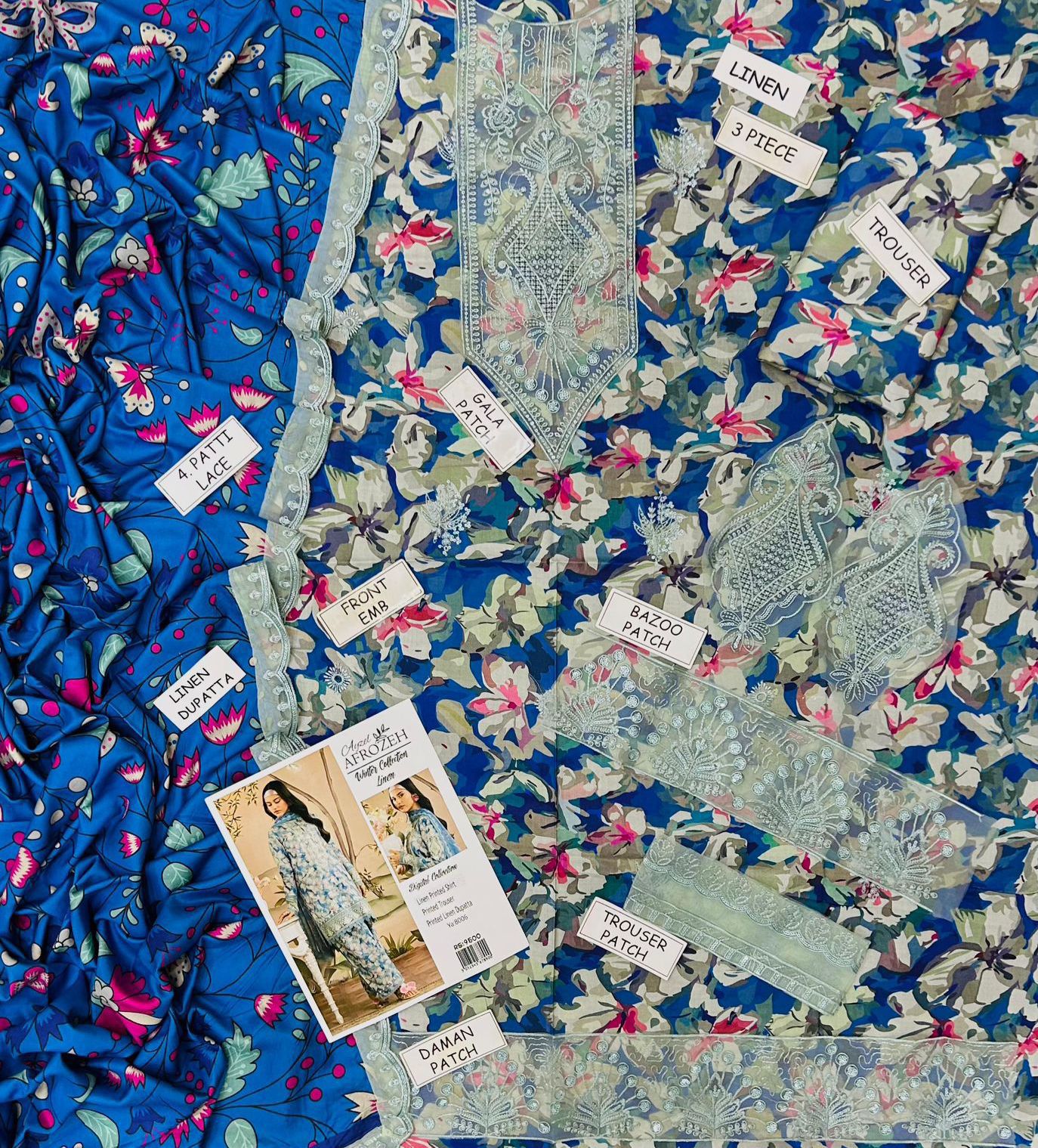 Elegant Blue Floral 3-Piece Linen Suit