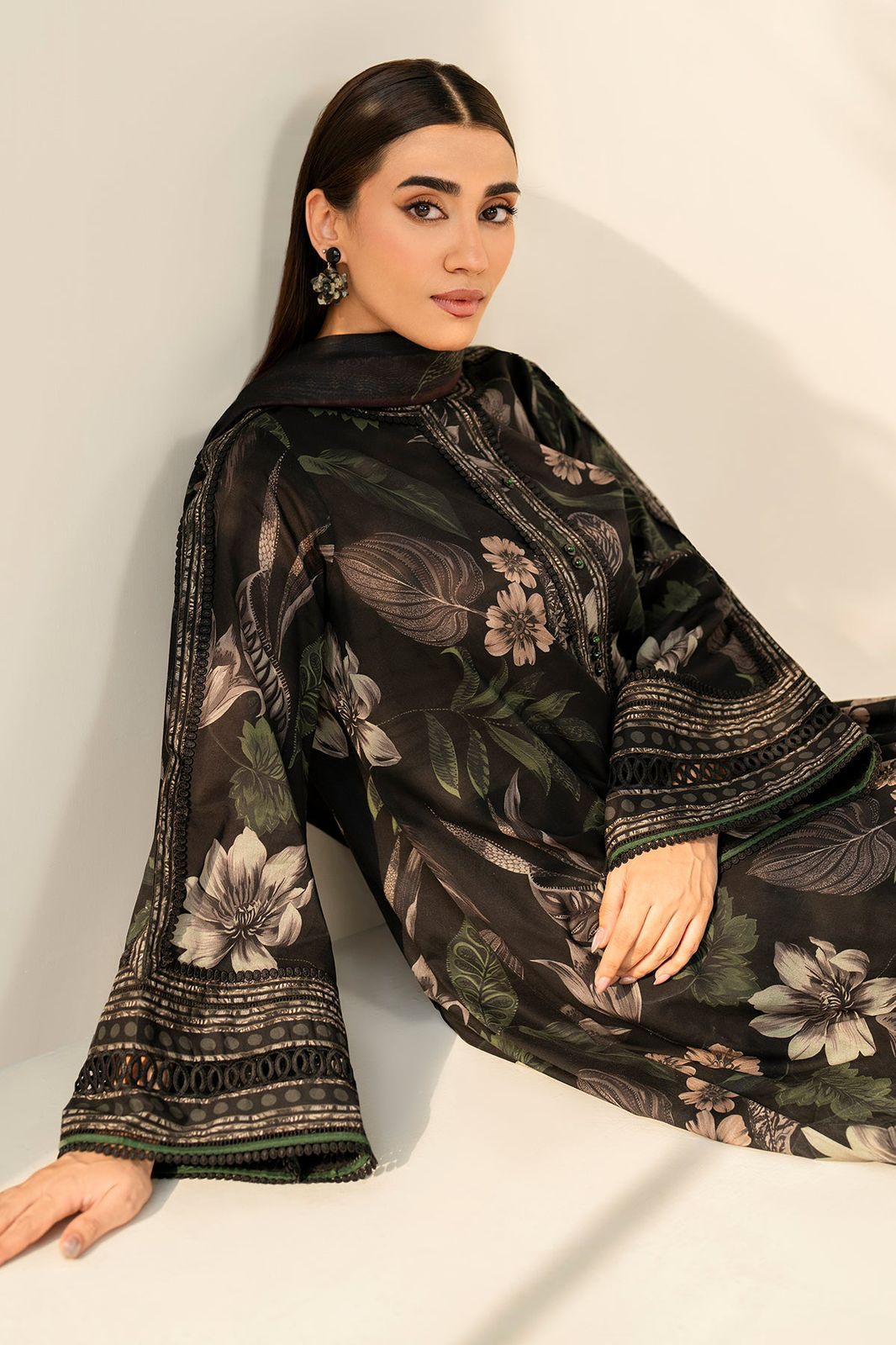 Black Floral Khaddar 3-Piece Suit