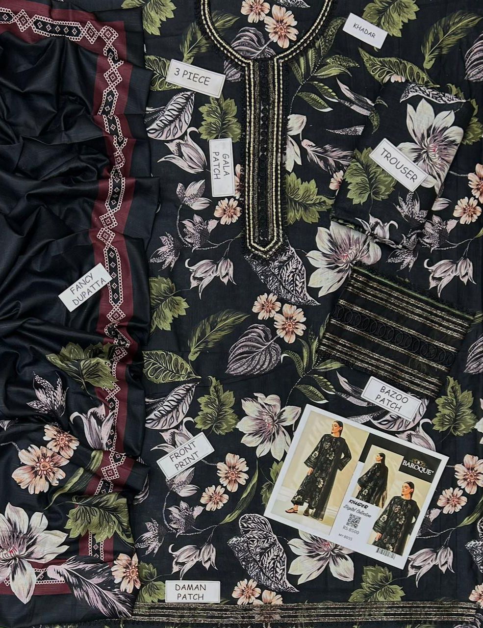 Black Floral Khaddar 3-Piece Suit