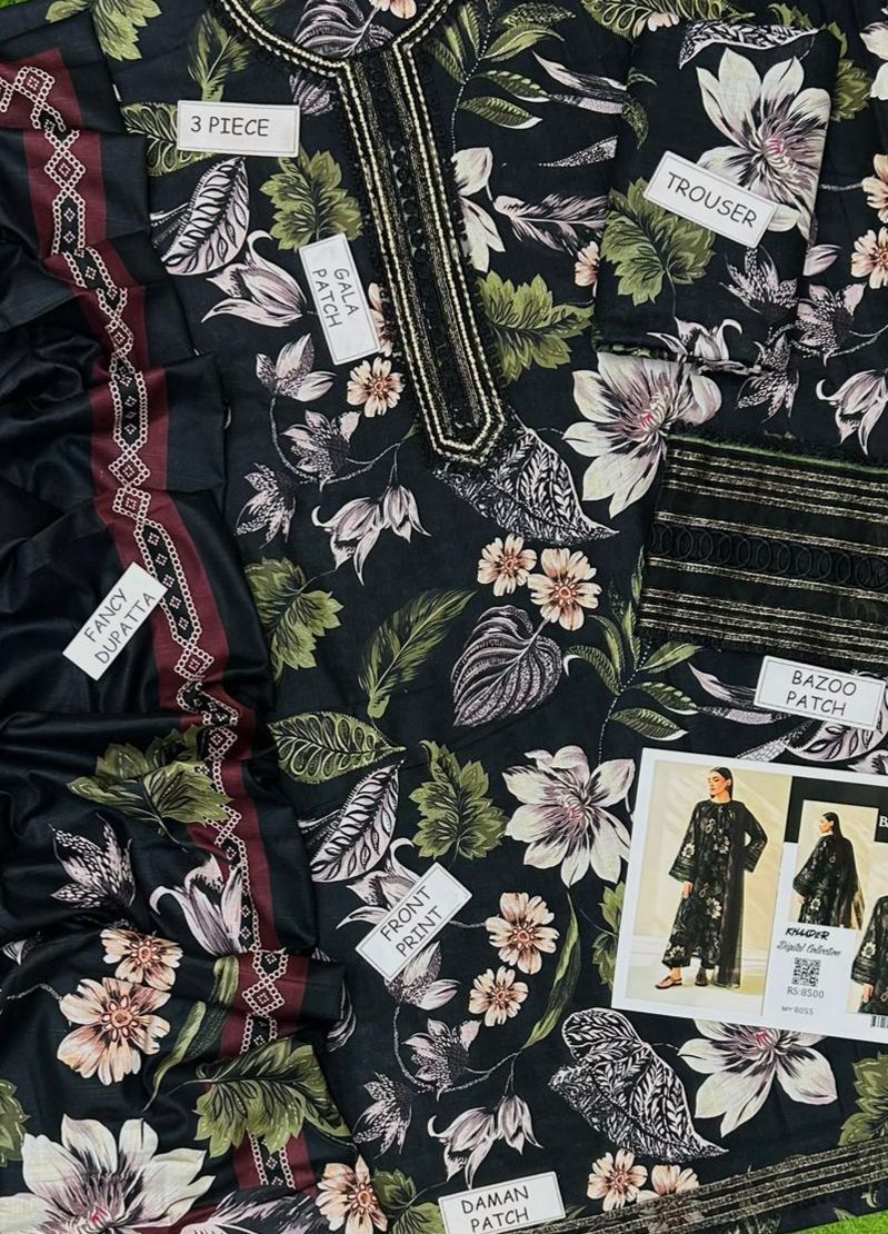 Black Floral Khaddar 3-Piece Suit
